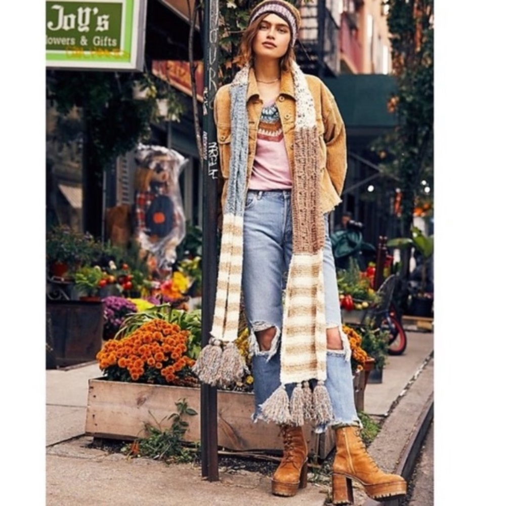 Free People Boho Striped Scarf in Cream and Tan